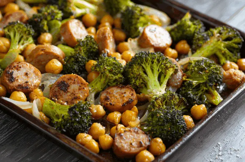 Crispy Sheet Pan Chickpeas with Broccoli and Chicken Sausage